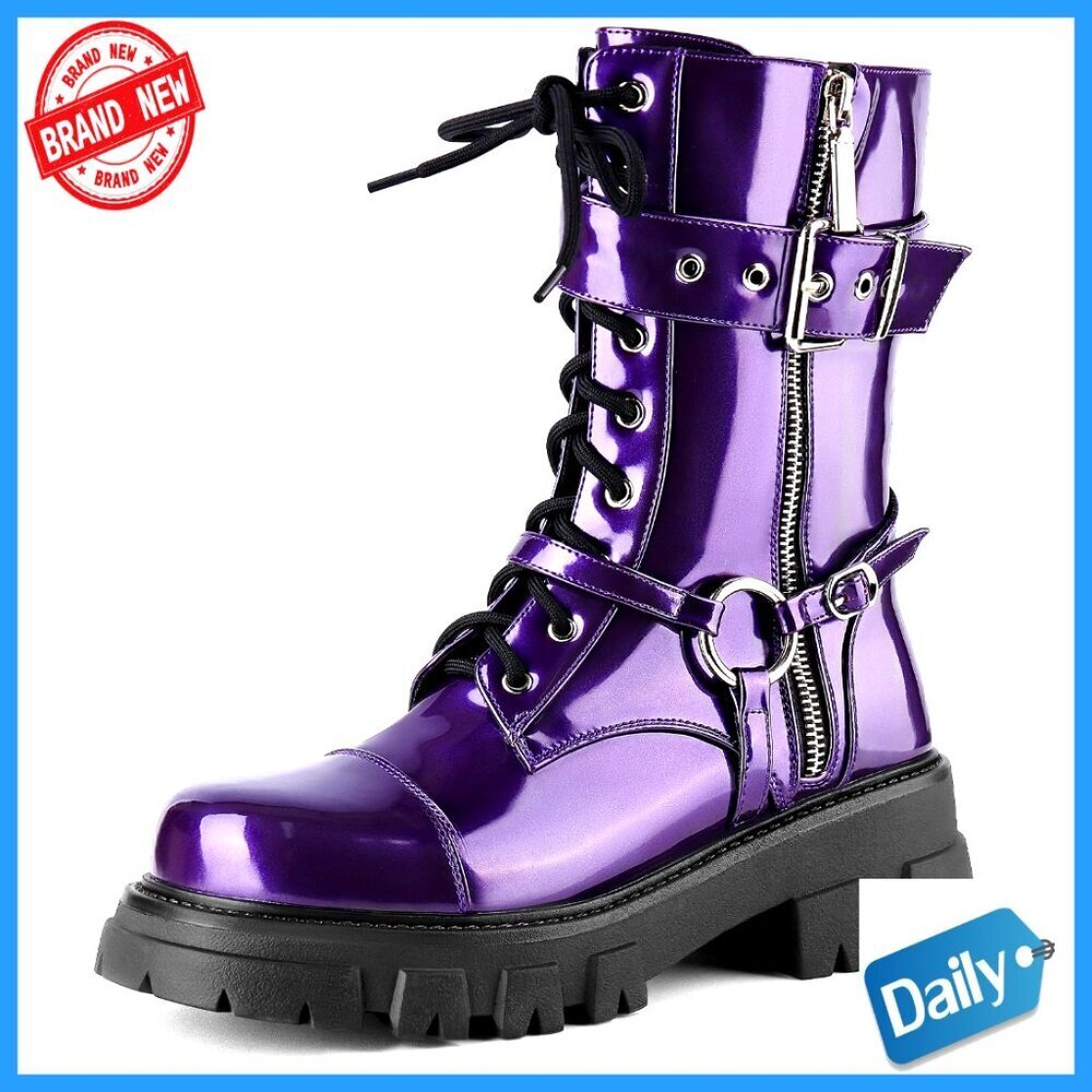 Women's Motorcycle Biker Boots Mid-Calf Combat Steampunk Chunky Heel Lug Sole